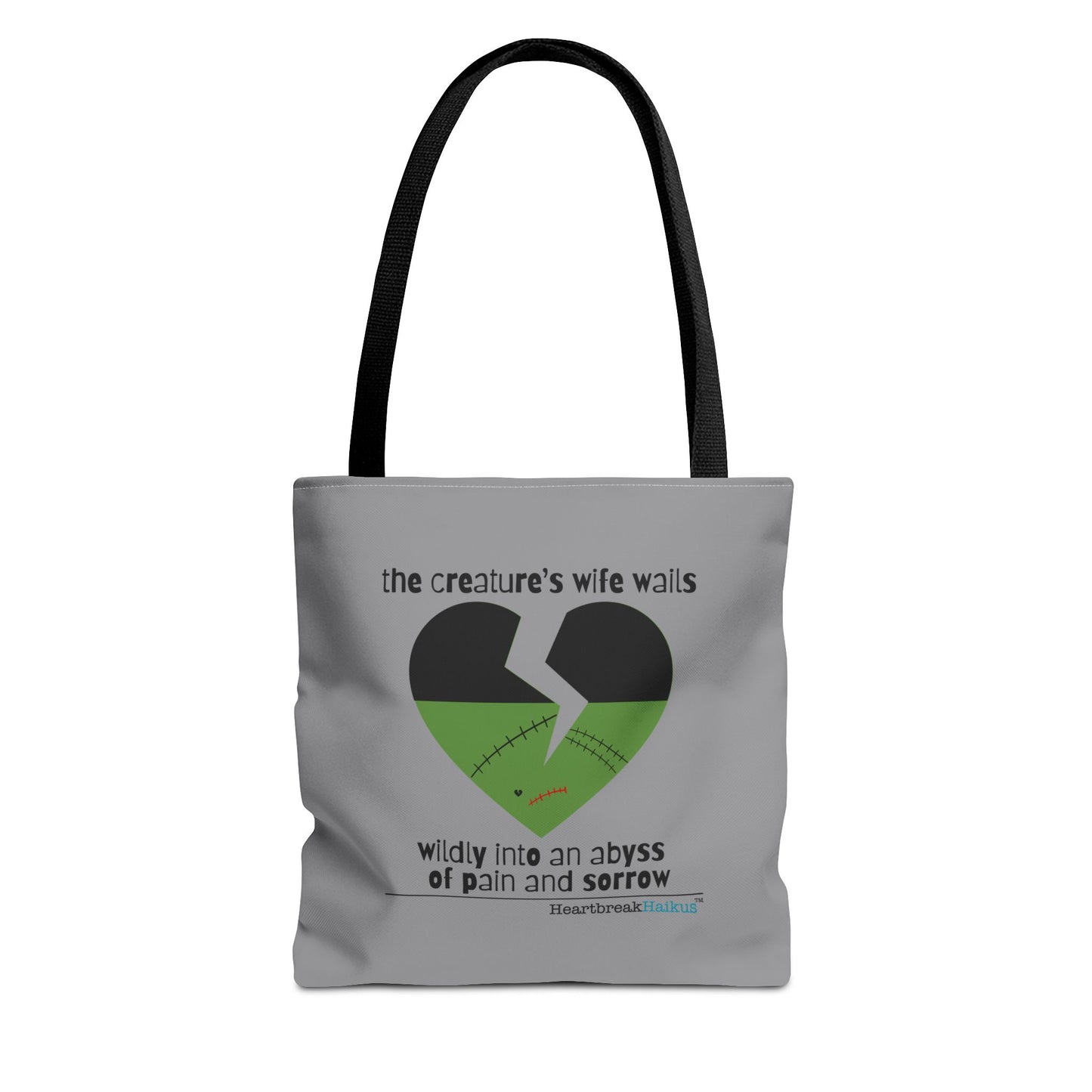 The Creature's Wife Wails Frankenstein Haiku tote bag in stone grey with heart design and poem text.