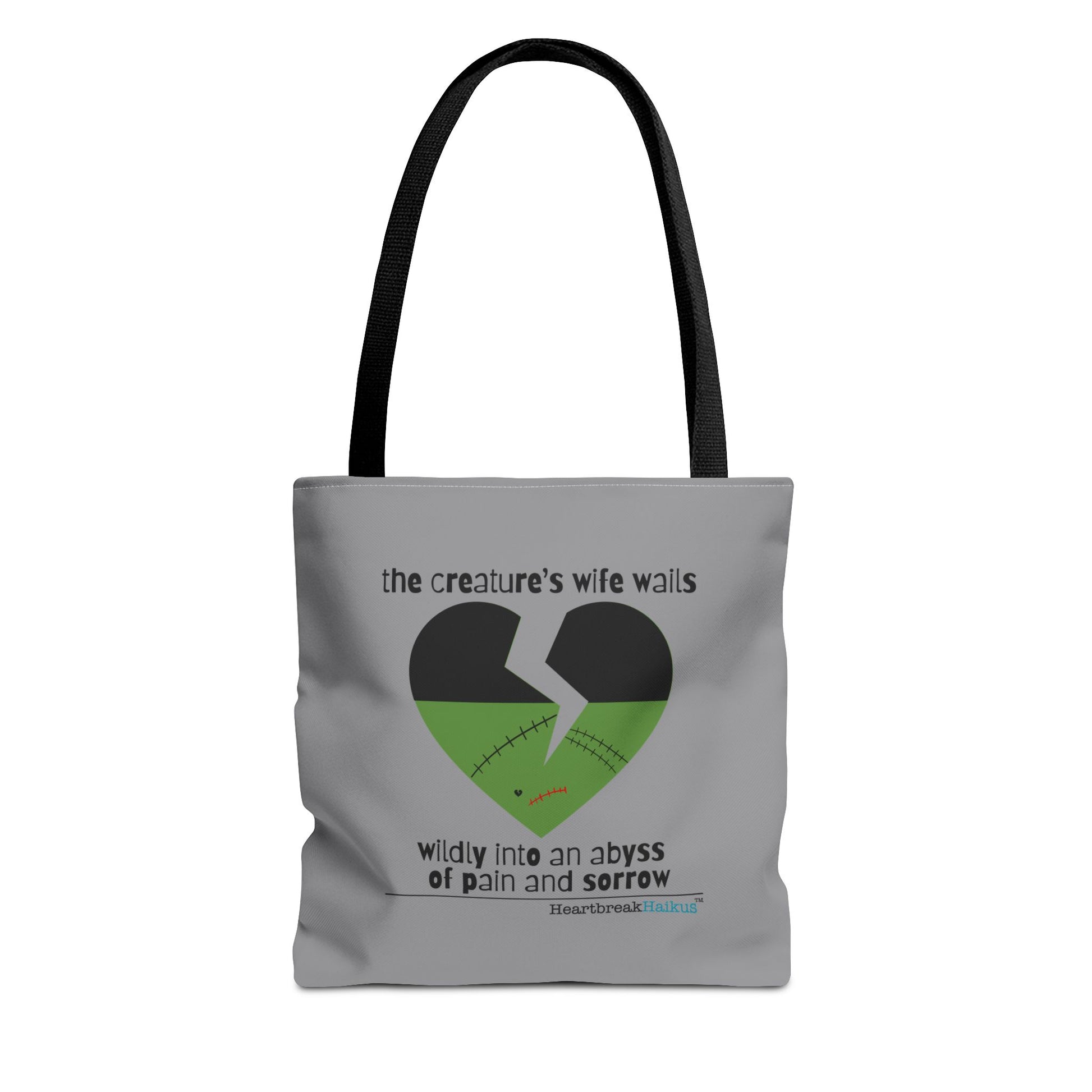 The Creature's Wife Wails Frankenstein Haiku tote bag in stone grey with heart design and poem text.