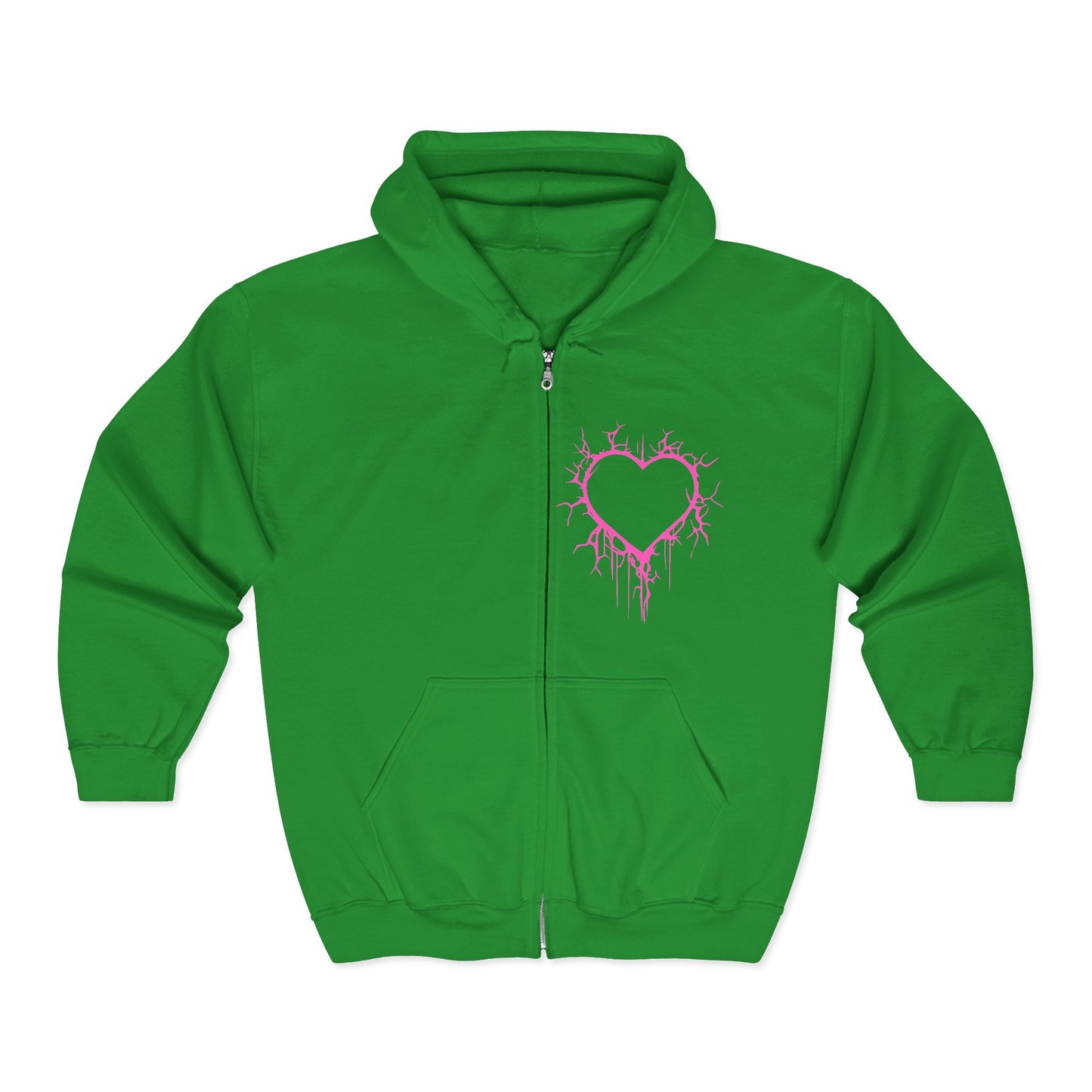 Lightning-Cracked Hollow Heart Zip Hoodie — Alternative/Goth/Punk Bleeding Heart Full‑Zip Sweatshirt in Electric Pink (The Only Hearts Collection)