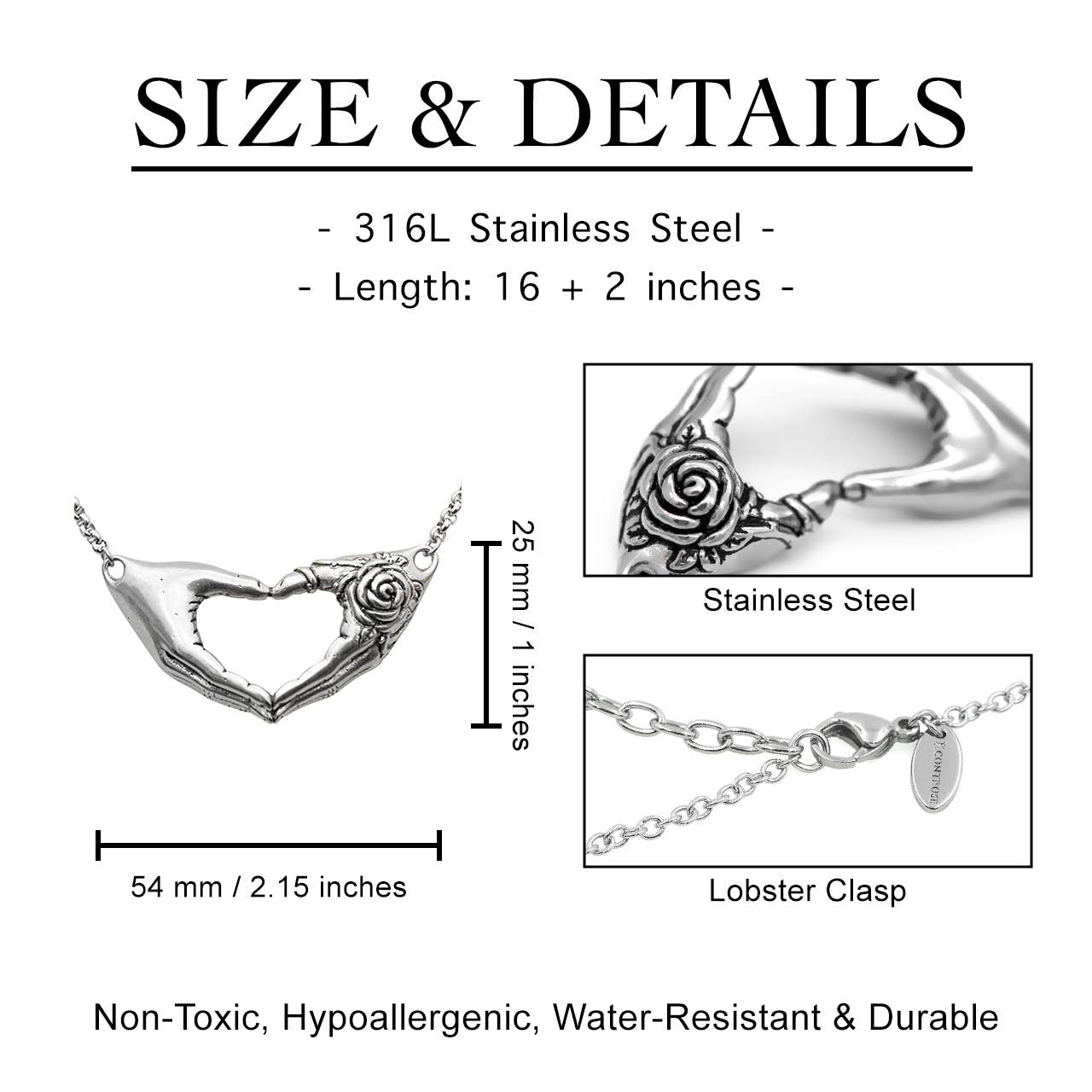 Friendship with a Rose Tattoo Heart-Hand Necklace