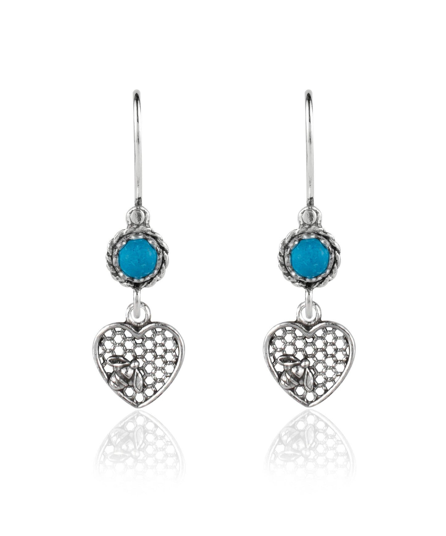 Bee on Honeycomb Heart - Gemstone Sterling Silver Dangle Drop Earrings