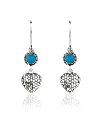 Bee on Honeycomb Heart - Gemstone Sterling Silver Dangle Drop Earrings