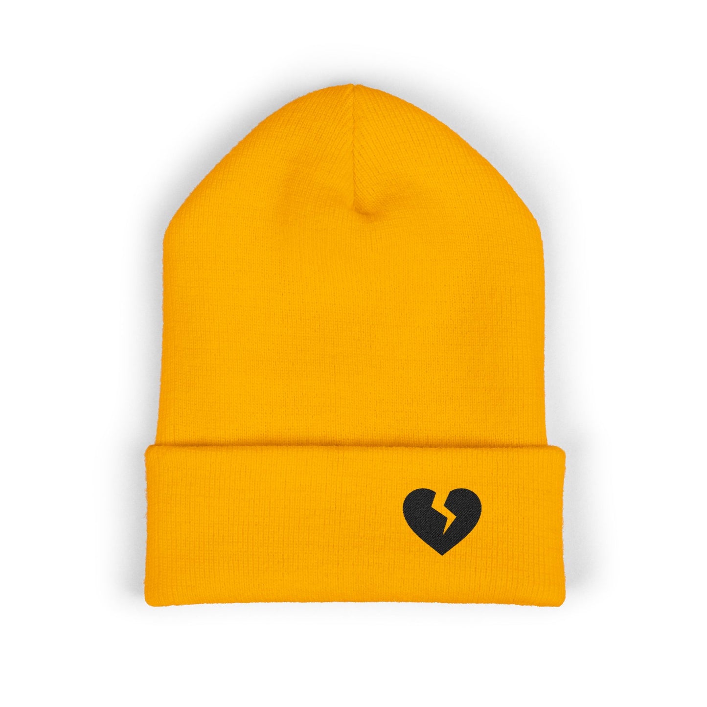 Embroidered Broken Heart Cuffed Beanie — Black-Heart Minimalist Knit Hat