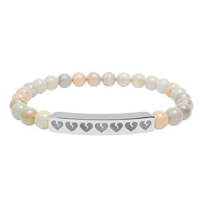 Broken Hearts Engraved Natural Stone Bar Bracelet — Stretch Beaded Heart Accent (The Only Hearts Collection)