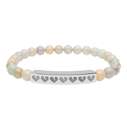 Broken Hearts Engraved Natural Stone Bar Bracelet — Stretch Beaded Heart Accent (The Only Hearts Collection)