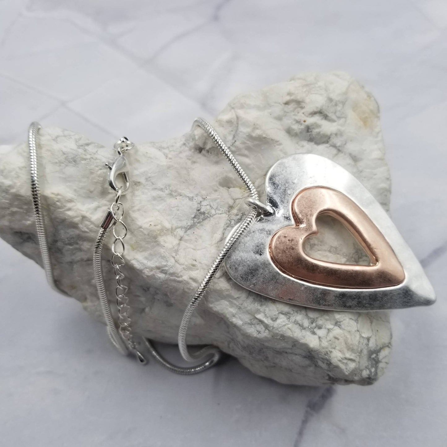 Mixed Metal Pewter and Rose Gold Heart Necklace