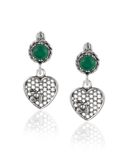 Bee on Honeycomb Heart Sterling Silver Gemstone Stud Earrings
