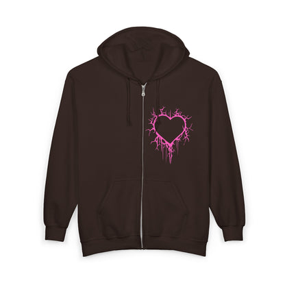 Lightning-Cracked Hollow Heart Zip Hoodie — Alternative/Goth/Punk Bleeding Heart Full‑Zip Sweatshirt in Electric Pink (The Only Hearts Collection)
