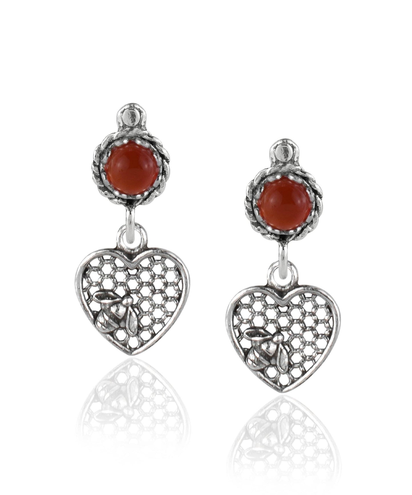 Bee on Honeycomb Heart Sterling Silver Gemstone Stud Earrings