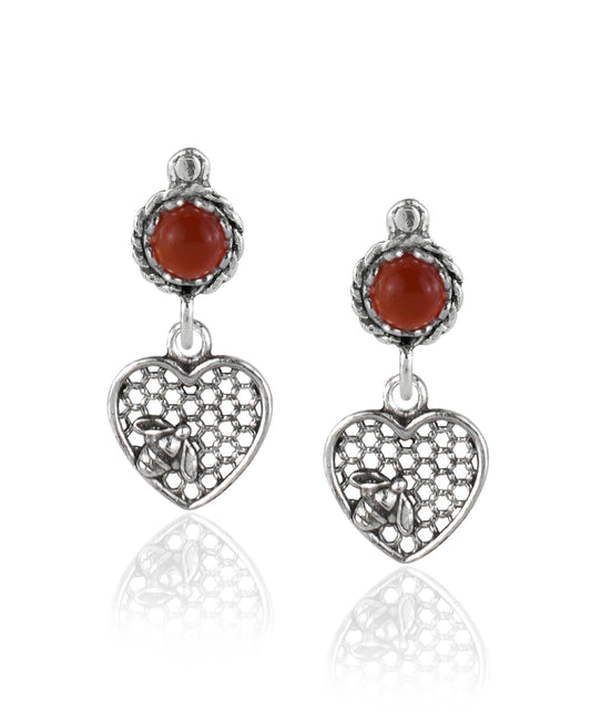 Bee on Honeycomb Heart Sterling Silver Gemstone Stud Earrings