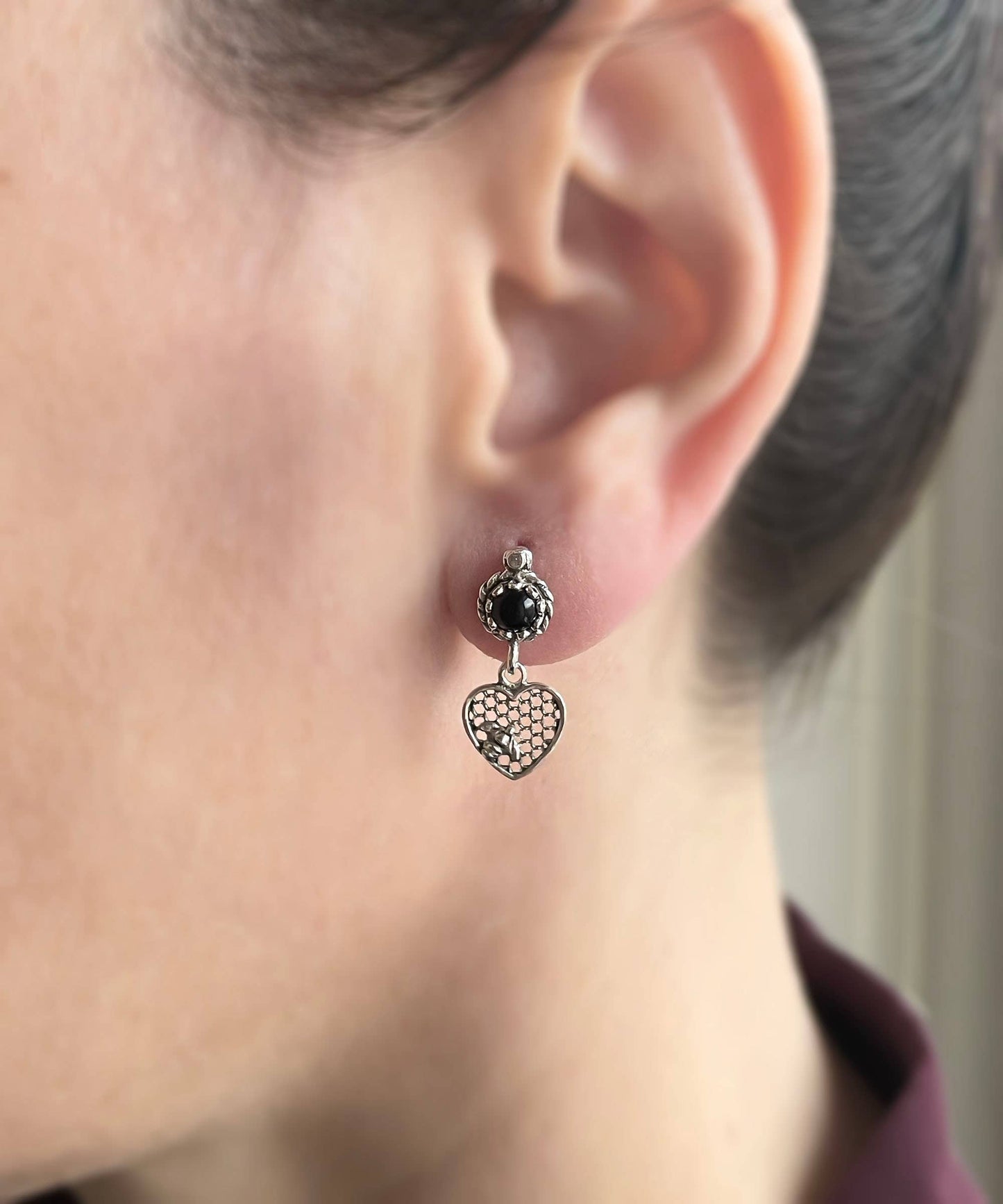 Bee on Honeycomb Heart Sterling Silver Gemstone Stud Earrings