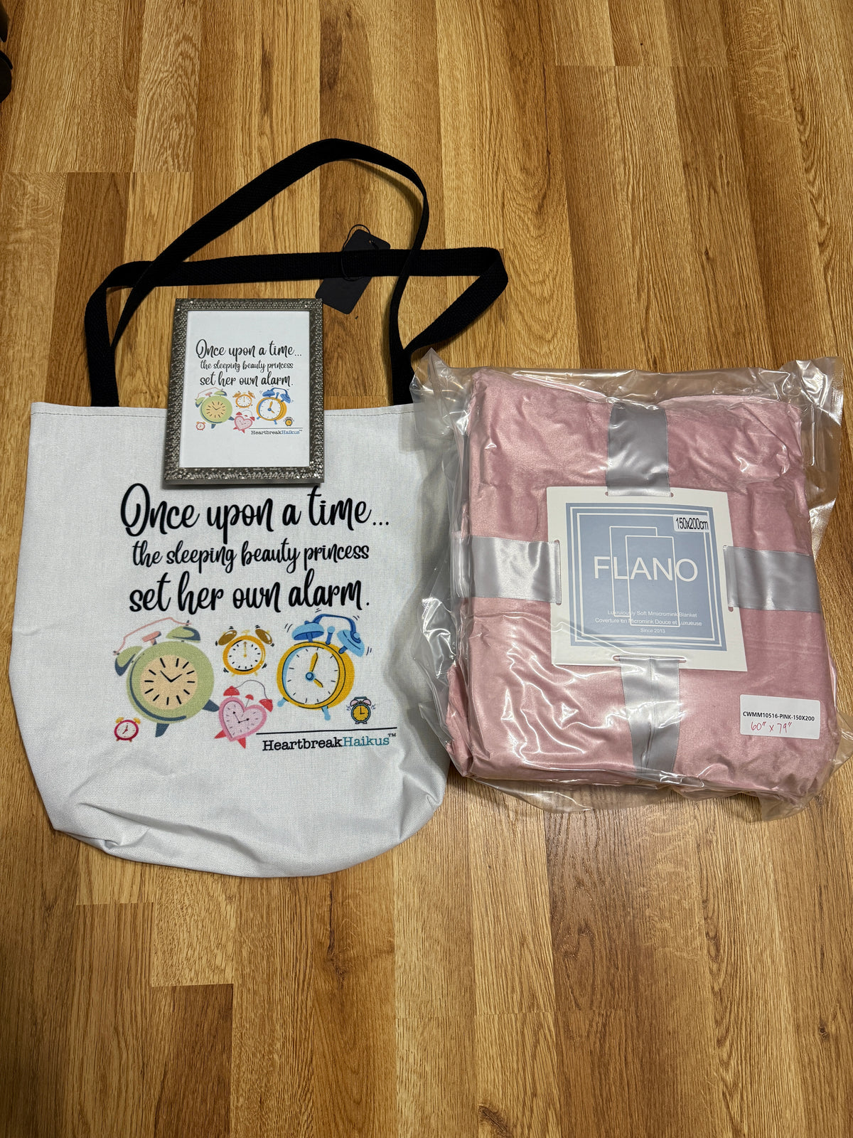 Sleeping Beauty’s Alarm HeartbreakHaikus Tote & Framed Art with Flano Pink Blanket 3pc Gift Set