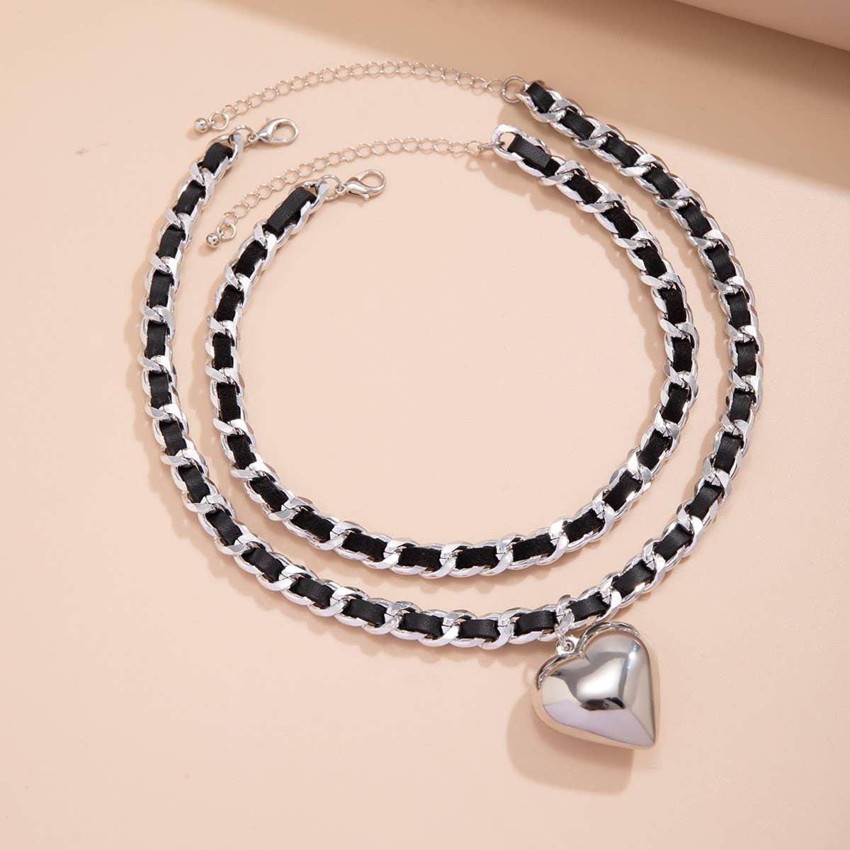Leather and Chain Double-Layered Heart Necklace