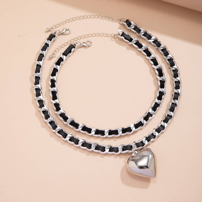 Leather and Chain Double-Layered Heart Necklace