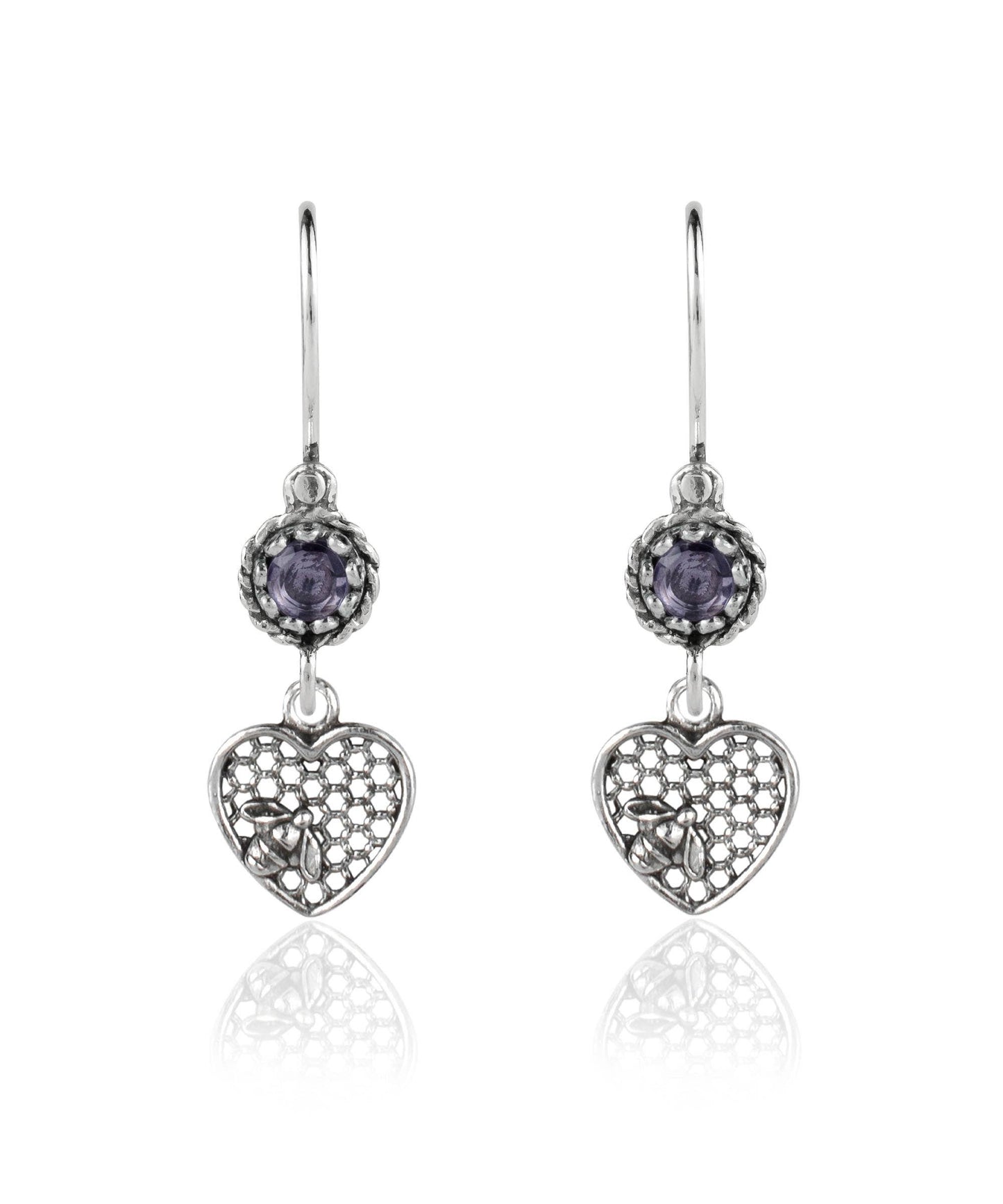 Bee on Honeycomb Heart - Gemstone Sterling Silver Dangle Drop Earrings