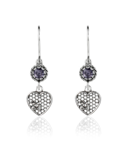 Bee on Honeycomb Heart - Gemstone Sterling Silver Dangle Drop Earrings