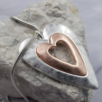Mixed Metal Pewter and Rose Gold Heart Necklace