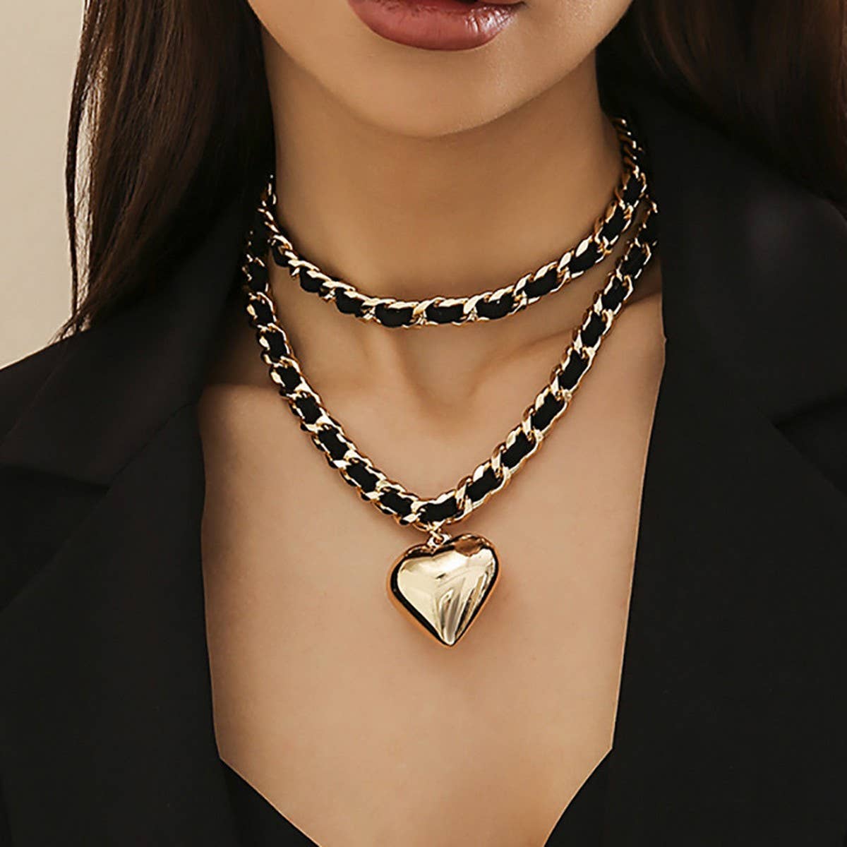 Leather and Chain Double-Layered Heart Necklace