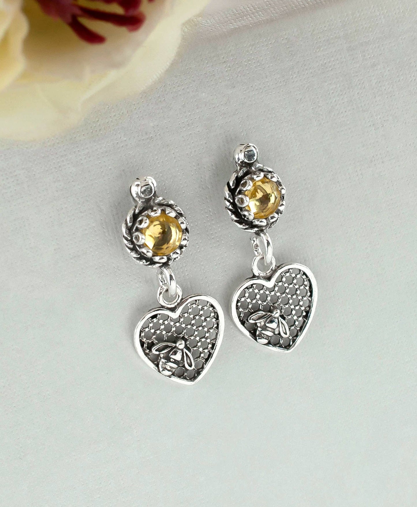 Bee on Honeycomb Heart Sterling Silver Gemstone Stud Earrings