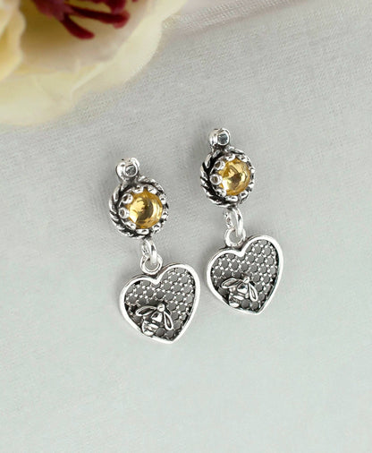 Bee on Honeycomb Heart Sterling Silver Gemstone Stud Earrings