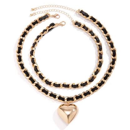 Leather and Chain Double-Layered Heart Necklace