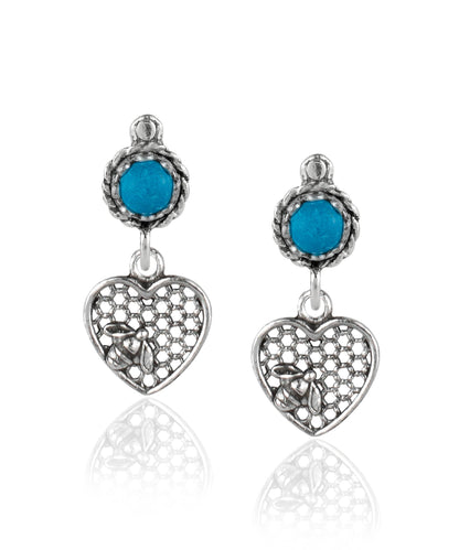 Bee on Honeycomb Heart Sterling Silver Gemstone Stud Earrings