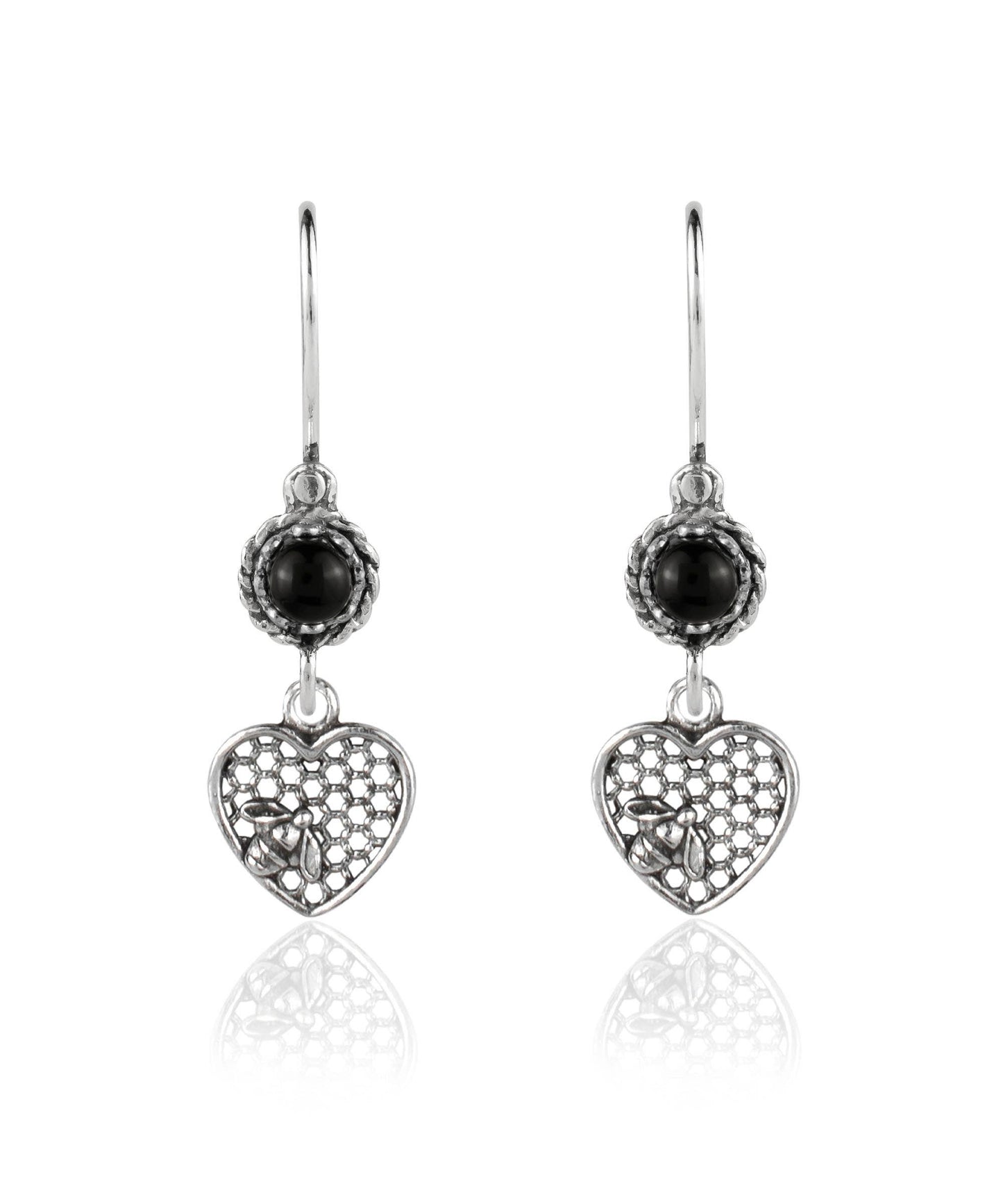 Bee on Honeycomb Heart - Gemstone Sterling Silver Dangle Drop Earrings