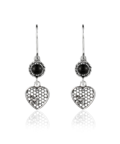 Bee on Honeycomb Heart - Gemstone Sterling Silver Dangle Drop Earrings