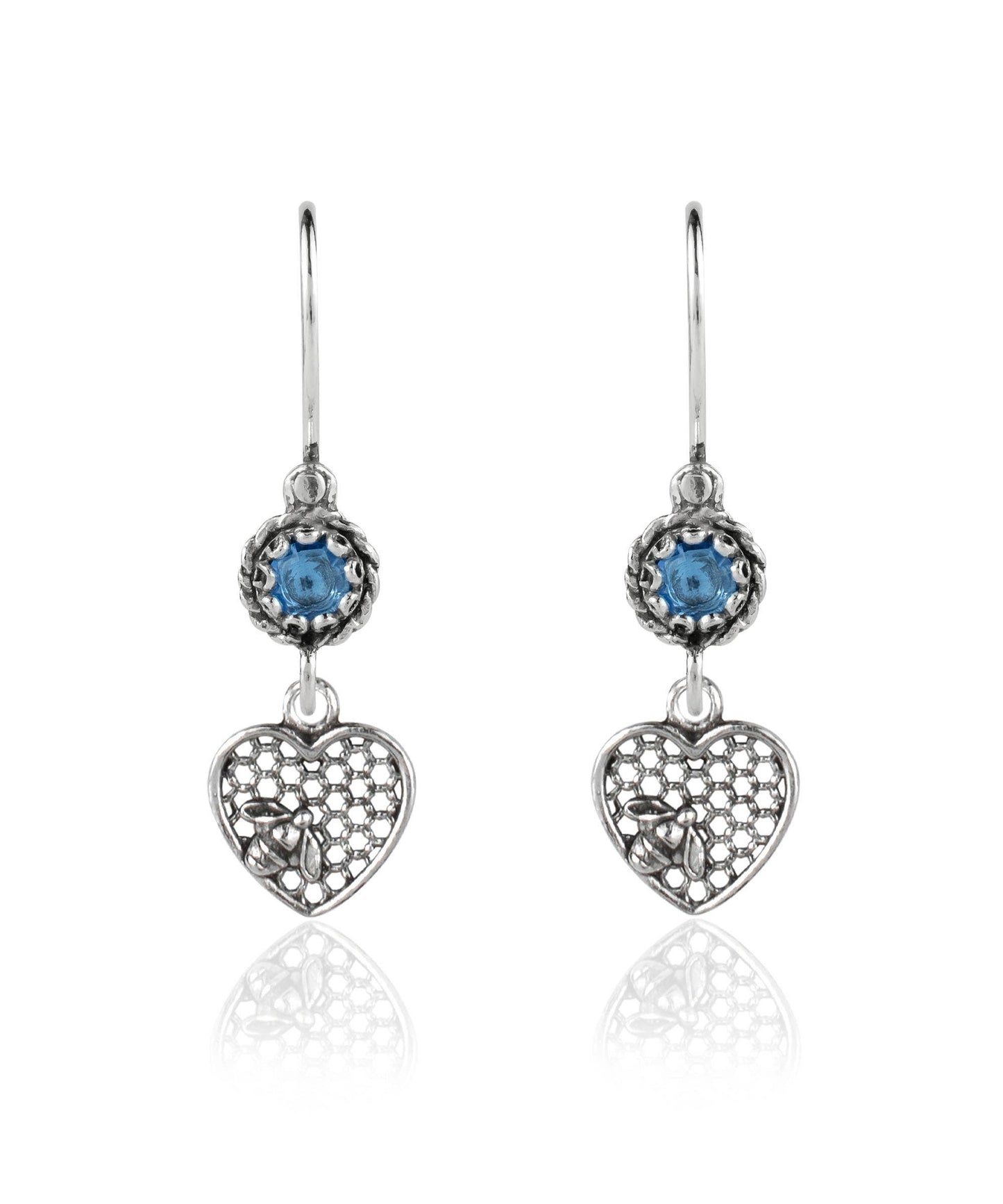 Bee on Honeycomb Heart - Gemstone Sterling Silver Dangle Drop Earrings