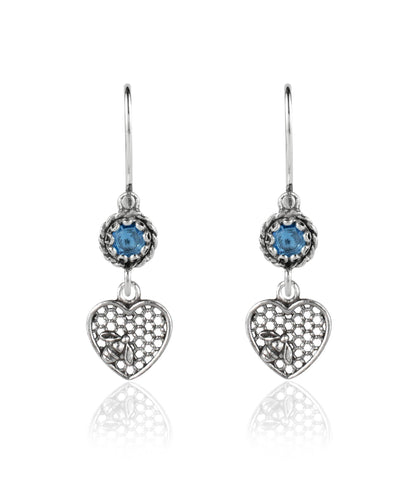 Bee on Honeycomb Heart - Gemstone Sterling Silver Dangle Drop Earrings