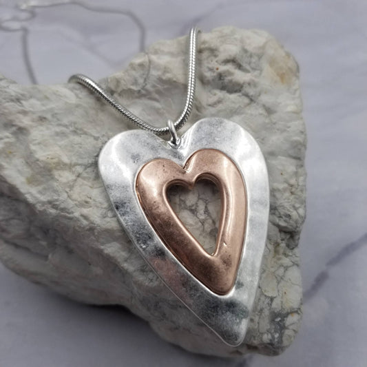 Mixed Metal Pewter and Rose Gold Heart Necklace