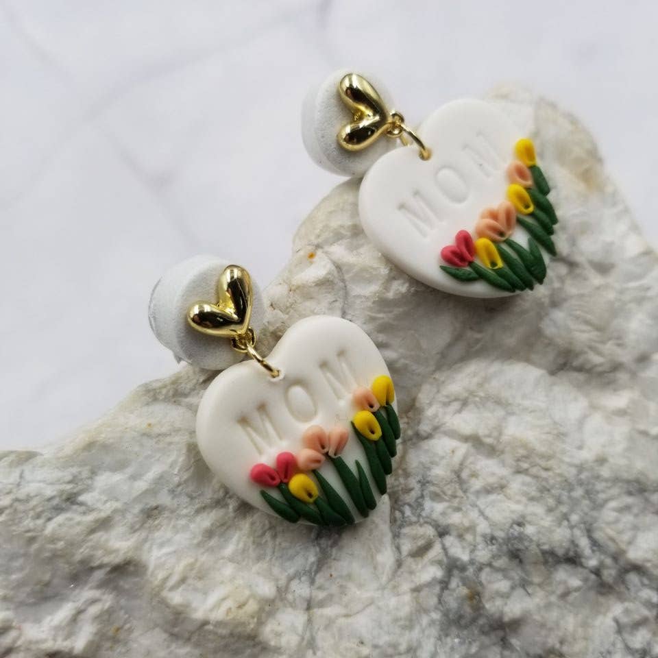 MOM Heart Tulip Clay Earrings