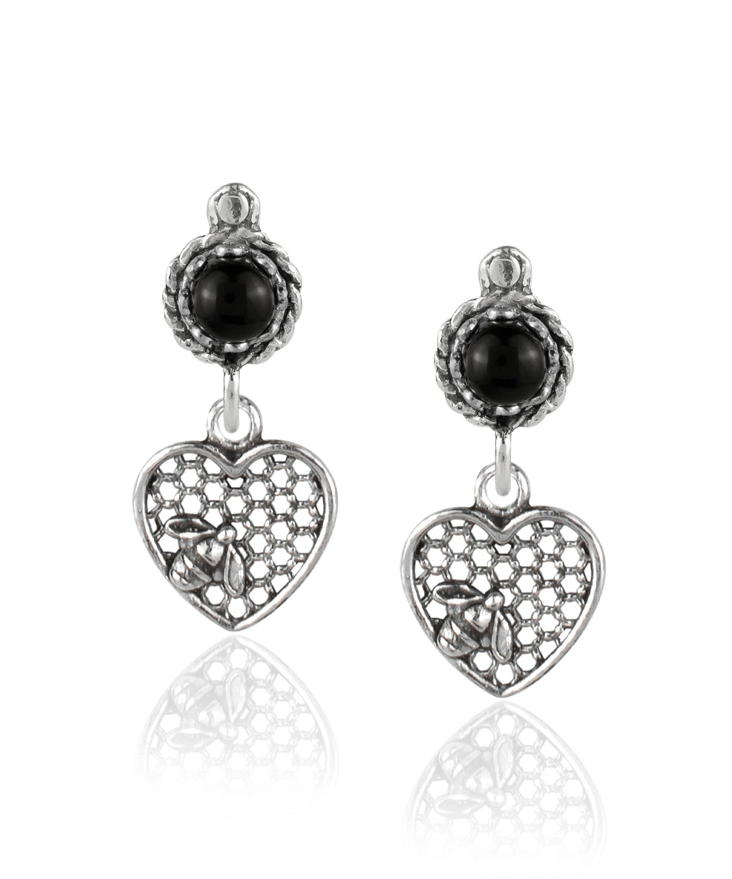 Bee on Honeycomb Heart Sterling Silver Gemstone Stud Earrings