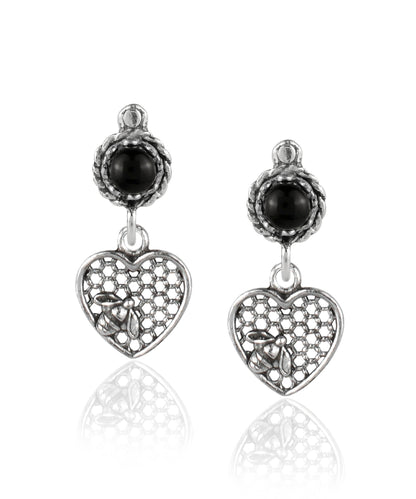 Bee on Honeycomb Heart Sterling Silver Gemstone Stud Earrings