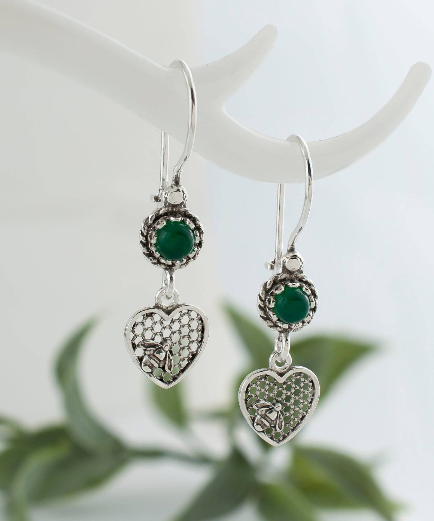 Bee on Honeycomb Heart - Gemstone Sterling Silver Dangle Drop Earrings