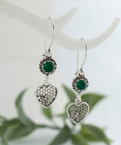 Bee on Honeycomb Heart - Gemstone Sterling Silver Dangle Drop Earrings