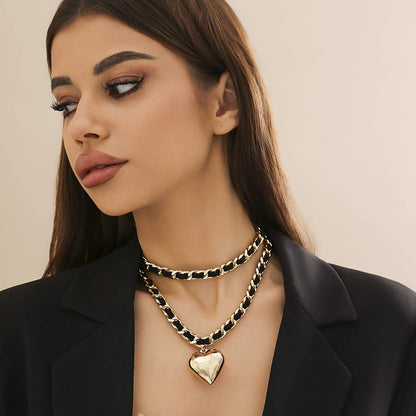 Leather and Chain Double-Layered Heart Necklace