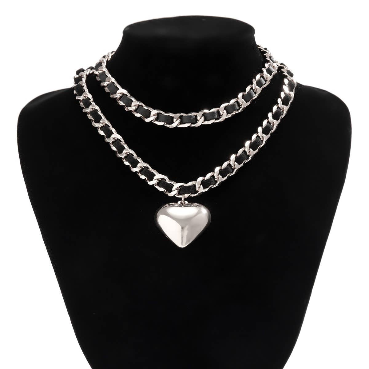 Leather and Chain Double-Layered Heart Necklace