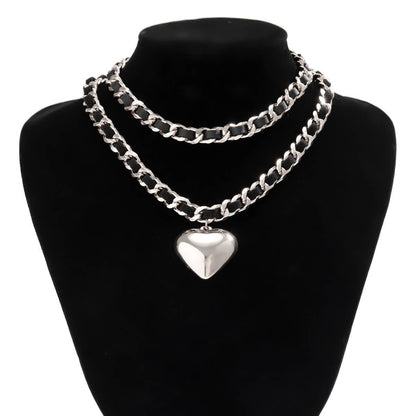 Leather and Chain Double-Layered Heart Necklace