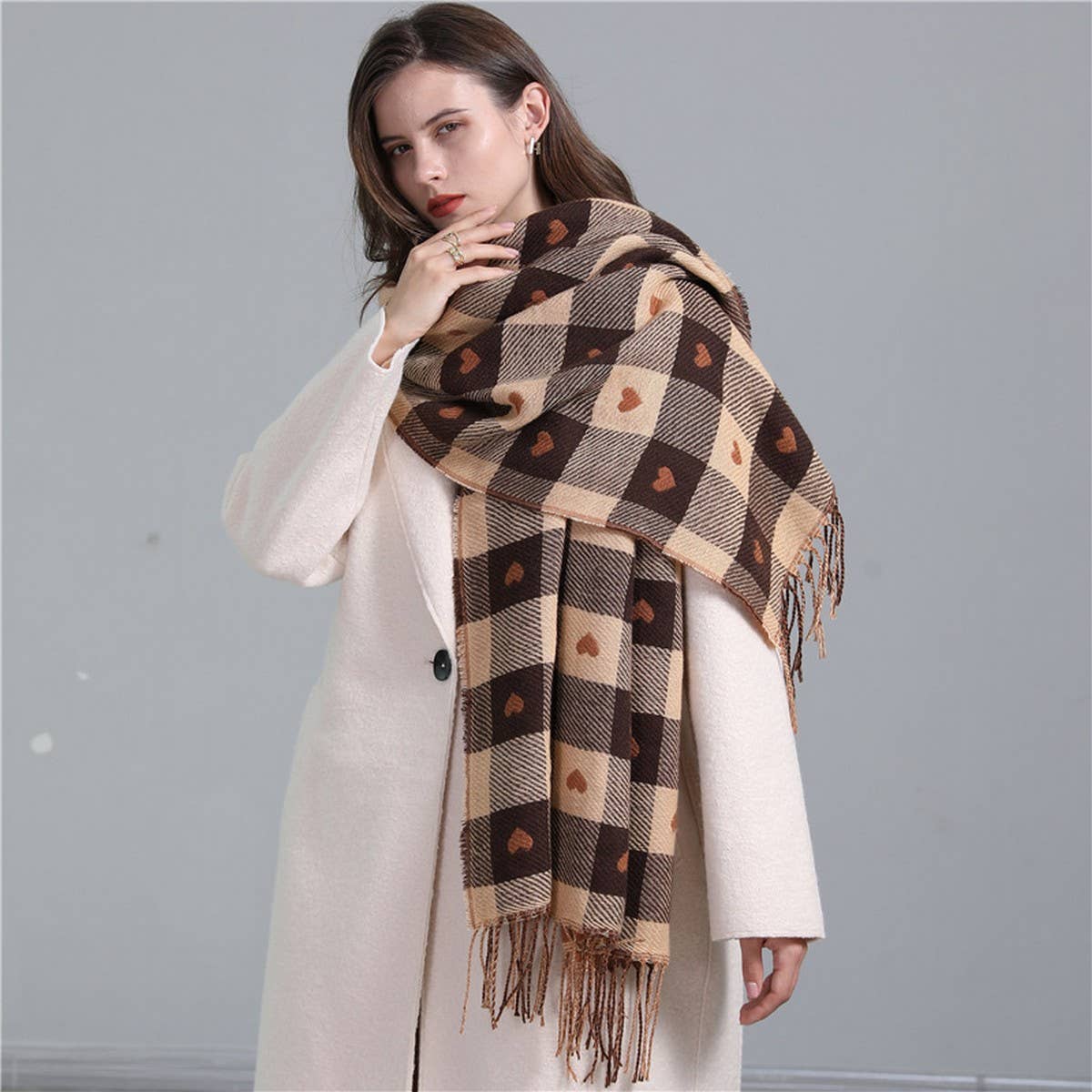 Plaid Scarf - Heart Colorblock Tassel Winter Scarf or Shawl