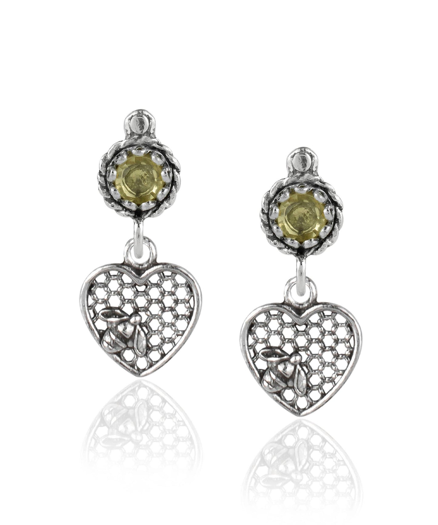 Bee on Honeycomb Heart Sterling Silver Gemstone Stud Earrings