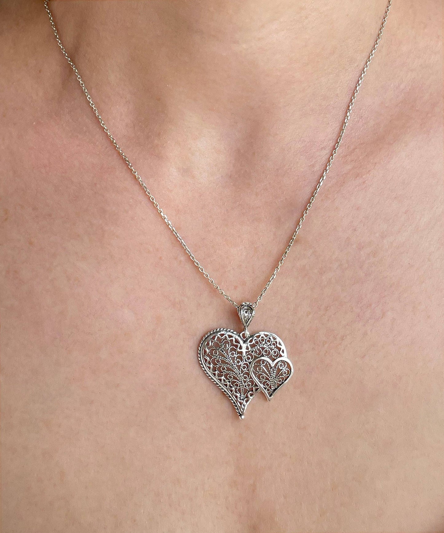 Sterling Silver Filigree Heart in Heart Pendant Necklace