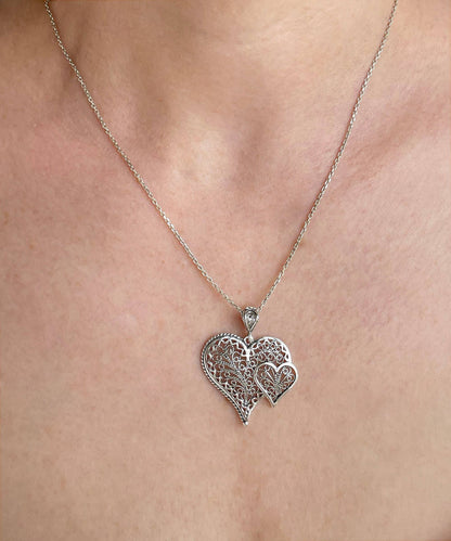 Sterling Silver Filigree Heart in Heart Pendant Necklace