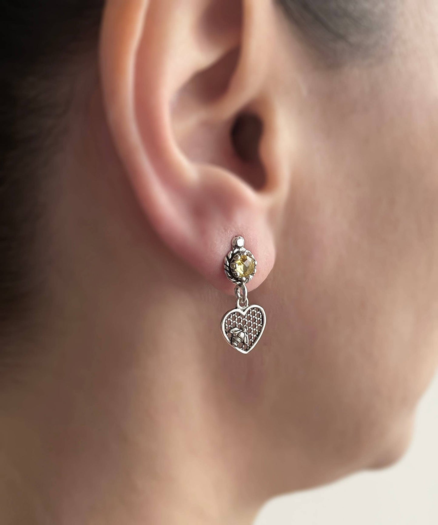 Bee on Honeycomb Heart Sterling Silver Gemstone Stud Earrings