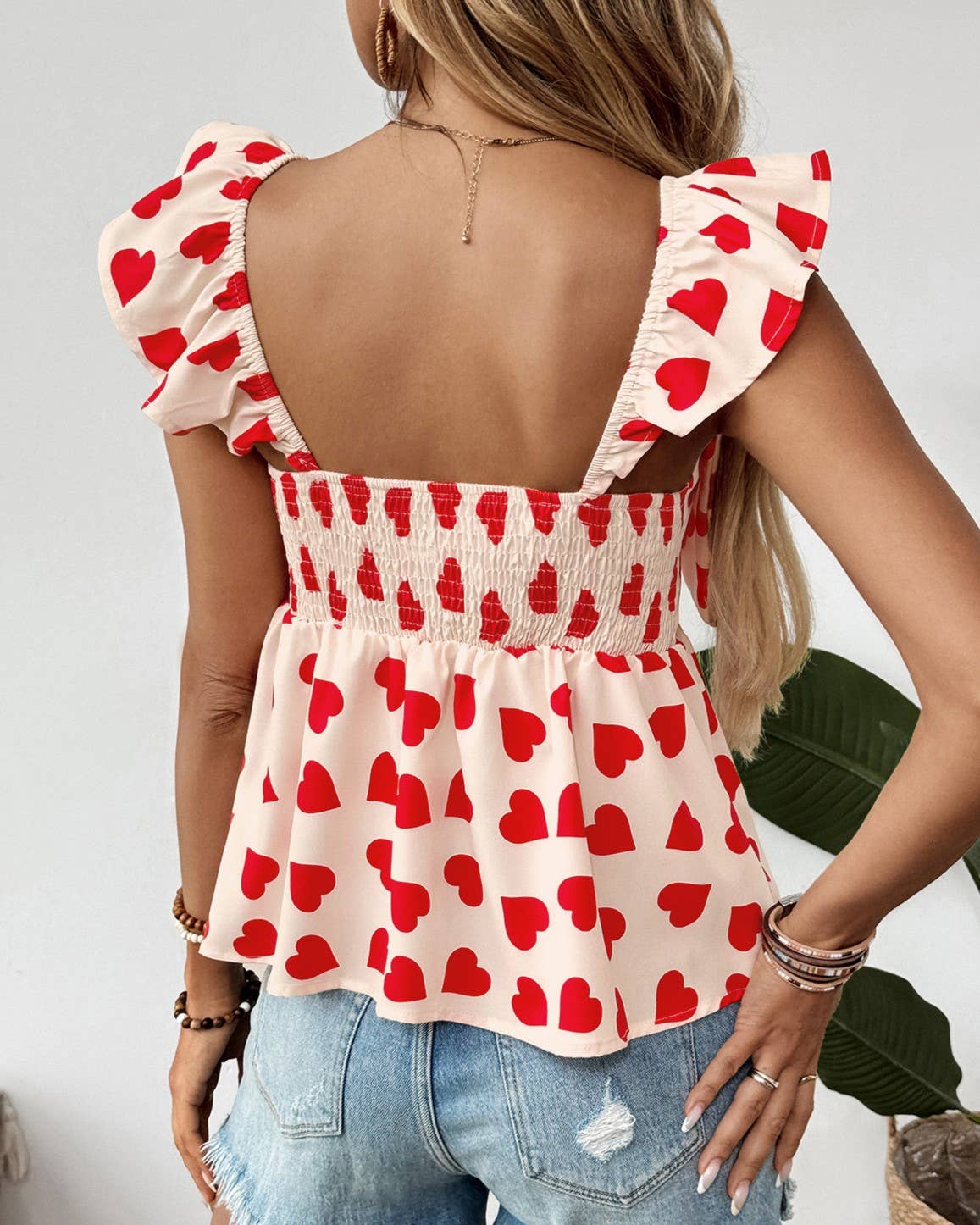 Casual Heart Printed Bow Flying Sleeve Tank Top