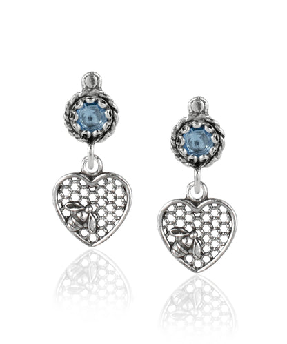 Bee on Honeycomb Heart Sterling Silver Gemstone Stud Earrings