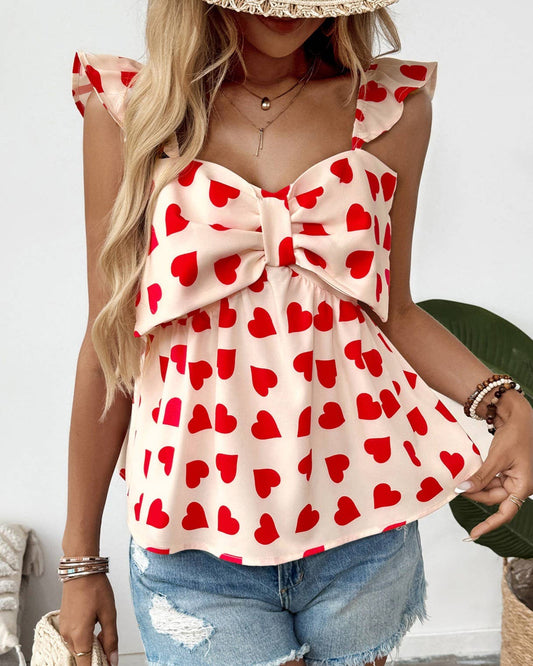 Casual Heart Printed Bow Flying Sleeve Tank Top