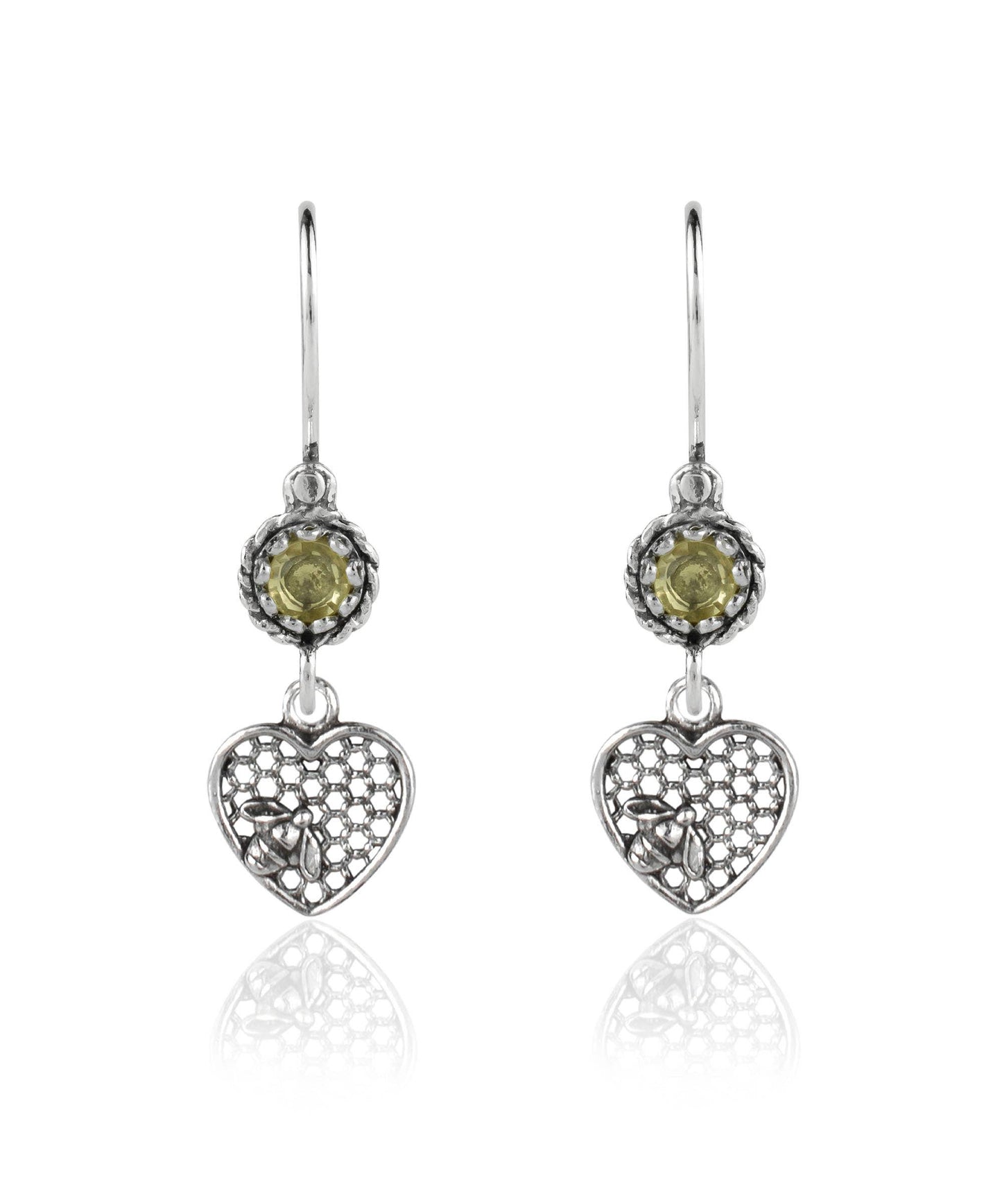 Bee on Honeycomb Heart - Gemstone Sterling Silver Dangle Drop Earrings