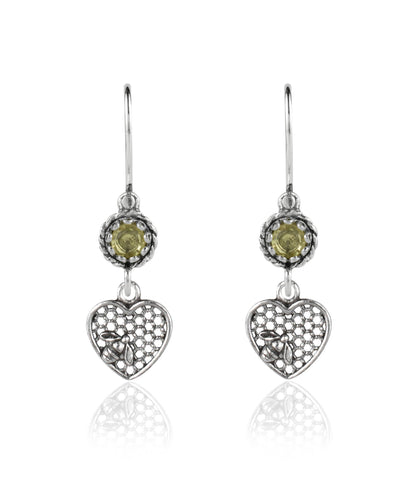 Bee on Honeycomb Heart - Gemstone Sterling Silver Dangle Drop Earrings