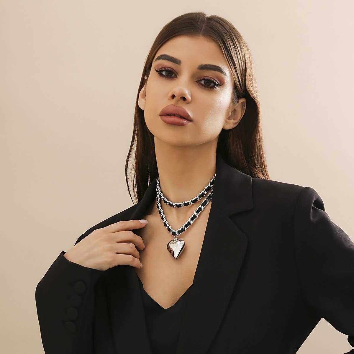 Leather and Chain Double-Layered Heart Necklace